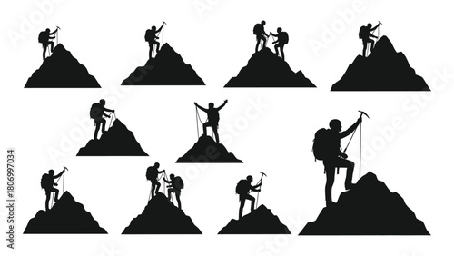 Mountaineering and hiking silhouettes isolated on white background, Vector