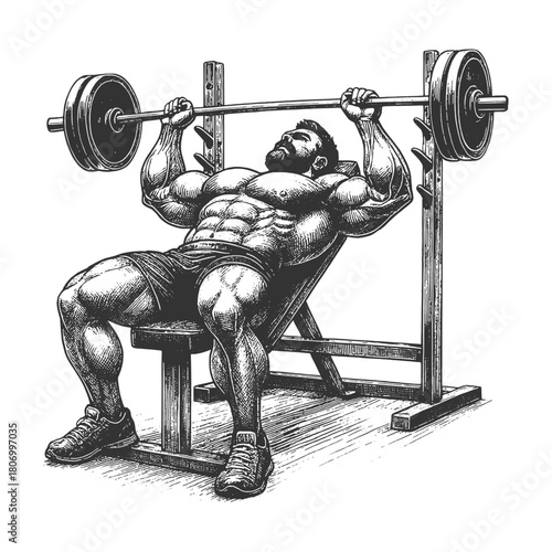 Detailed vector illustration of a strong man performing a bench press with heavy weights in a gym, rendered in a hand-drawn, energetic, and monochromatic fitness art style.