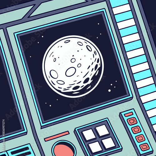 Spaceship Control Panel Displaying the Moon Keywords: spaceship, control panel, dashboard, moon