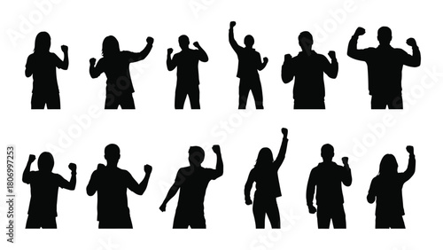 People silhouettes with raised fists isolated on white background, Vector