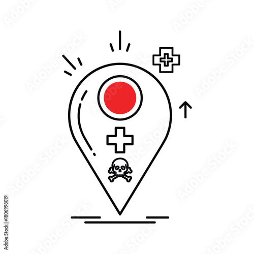 Location pin with medical cross, skull, and red circle icon