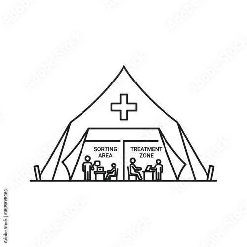 Medical tent with sorting area and treatment zone, representing field hospital or clinic, isolated on