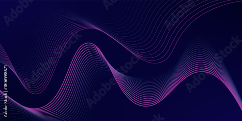 Abstract glowing wave lines on dark blue background. Dynamic wave pattern. Modern flowing wavy lines. Futuristic technology concept. Suit for banner, poster, cover, brochure, flyer, website