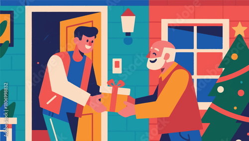 Illustration Of A Young Man Giving A Gift To His Parents Vector Design Template