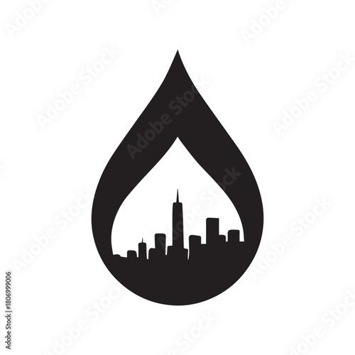 City Skyline in Water Droplet – Black Silhouette Icon Representing Urban Sustainability and Environmental Awareness