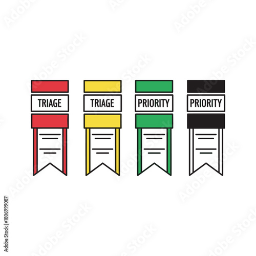 Four triage and priority tags in red, yellow, green, and black, representing medical or emergency classification, isolated on