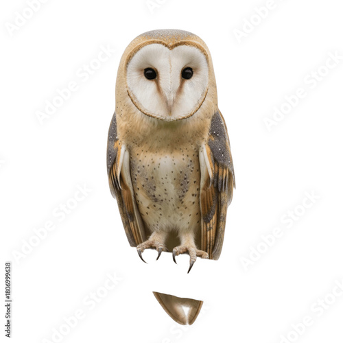 Isolated barn owl perched, staring intently ahead