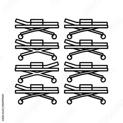 Eight hospital stretchers arranged in a grid pattern, isolated on