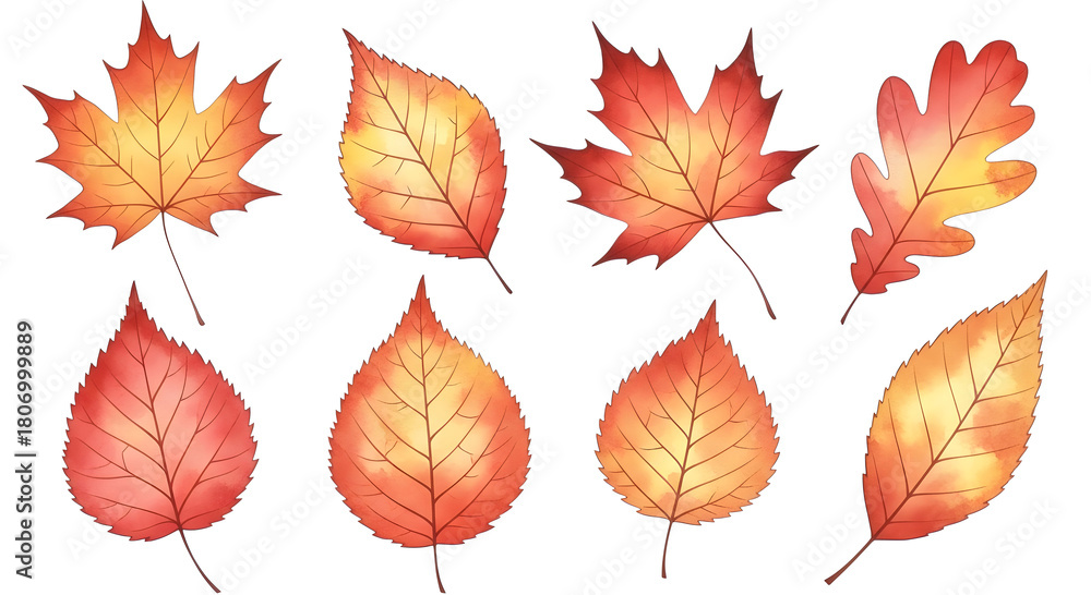 Obraz premium Collection of vibrant watercolor painted autumn leaves in warm shades of orange and red