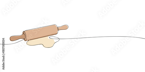 Continuous-line illustration of a wooden rolling pin flattening dough. Minimal, warm-toned kitchen baking artwork on a clean white background with soft, simple shapes