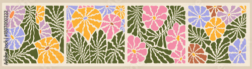 Trendy abstract floral posters in Matisse style. Contemporary botanical interior design elements. Cutout shape of botanical leaves and flowers. Vector Illustration