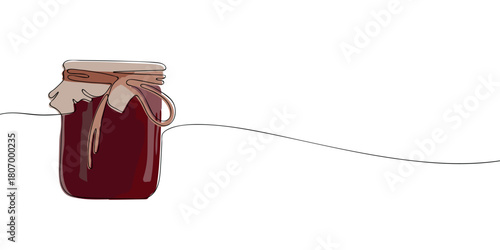 Minimal one line illustration of a jar filled with dark jam, covered with fabric and tied with a string in a simple, rustic style