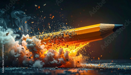 Dynamic pencil in mid-flight with explosion effects, creative and original concept