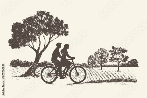 Romantic couple cycling landscape vector in vintage engraving style for postcards, travel art, outdoor posters, and nostalgic designs.