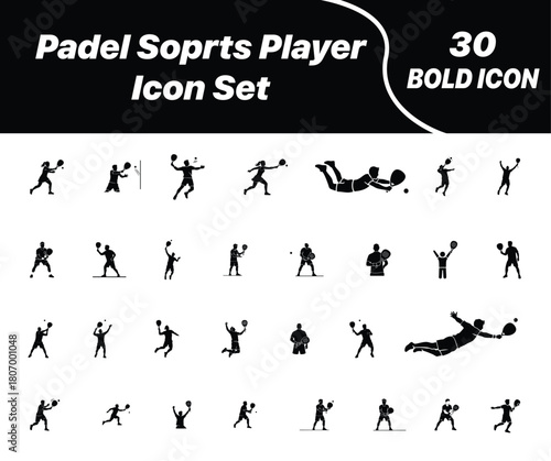 Padel sports player icon set with various dynamic action poses