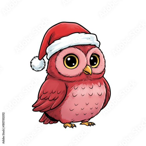 Stylized cartoon owl with red Santa hat perched