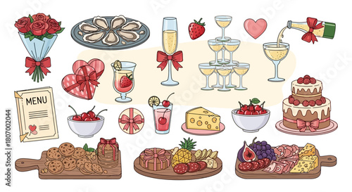 Festive Celebration Delightful Food and Drink Collection for Special Occasions and Romantic Moments