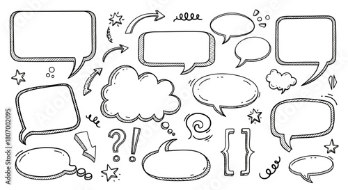 Collection of Hand-Drawn Speech Bubbles and Design Elements for Communication and Illustration