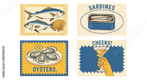 Seafood Delight Sardines, Oysters, and Cocktails - A Whimsical Illustration Set
