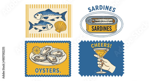 Vintage Seafood Illustrations Sardines, Oysters, and a Cocktail, Presented in a Retro Style