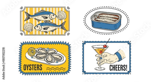 Seafood Illustrations Sardines, Oysters, and Cheers - Delicious Food & Drink Elements