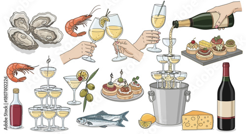 Elegant Celebration Food and Drinks for Toasting with Champagne, Wine, and Appetizers