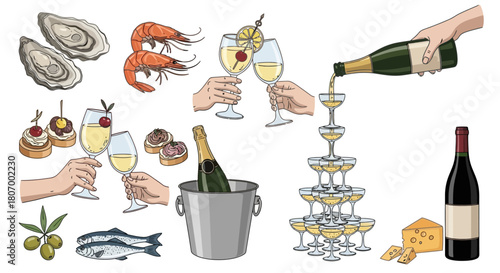 Various Seafood, Wine, Appetizers, and Celebration Elements Illustration for Culinary or Party Concepts