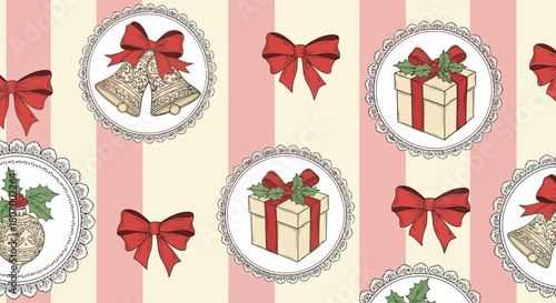 Festive Holiday Pattern Christmas Bells, Bows, Gift Boxes, and Ornaments on Striped Background