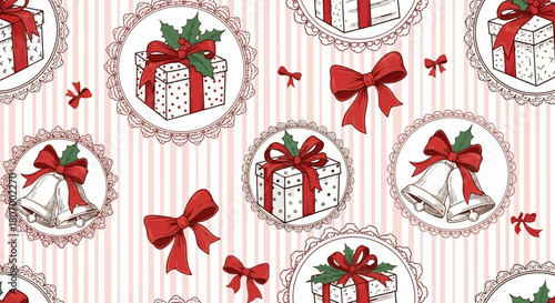 Festive Christmas Pattern Presents, Bells, and Bows on a Striped Background for Holiday Designs