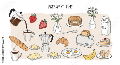 Breakfast Time A Delicious Array of Food and Beverages for a Morning Feast, Illustrated with Style