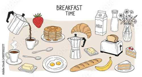 Breakfast Time A Delicious Illustration Featuring Pancakes, Coffee, and Fresh Ingredients