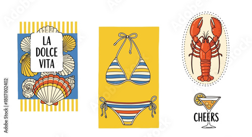 Summer Icons Bikini, Lobster, and Cocktail Designs for Vacation and Relaxation Concepts