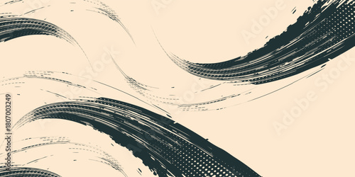 Grainy graphic thick brush stroke with spray texture. Hand drawn vector retro background with bold grunge lines. Grit backdrop overlay template. Grainy brush strokes texture with scattered tiny dots.