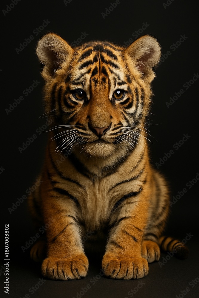 Obraz premium Bengal tiger cub studio portrait with intense gaze (JPEG 300DPI 7200x10800)