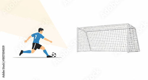 Illustration of a soccer player kicking a ball towards a goal on a white background with a spotlight effect.