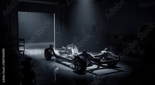 Monochrome shot of race car frame in dark workshop