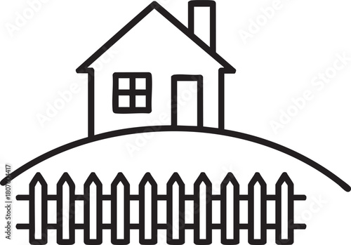 A simple line drawing depicts a house situated on a hill with a picket fence in front