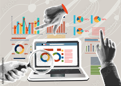 Data analytics concept. Halftone hand draws sales graph. Modern collage design. Pop art. Growth chart. Successful business performance. Business data graph on screen laptop. Achieving high results	