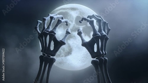 Two skeletal hands reaching out in front of a large, bright full moon with wispy clouds Keywords: skeleton hands, bones, fingers, reaching, full moon, night, sky, clouds, spooky, scary, halloween