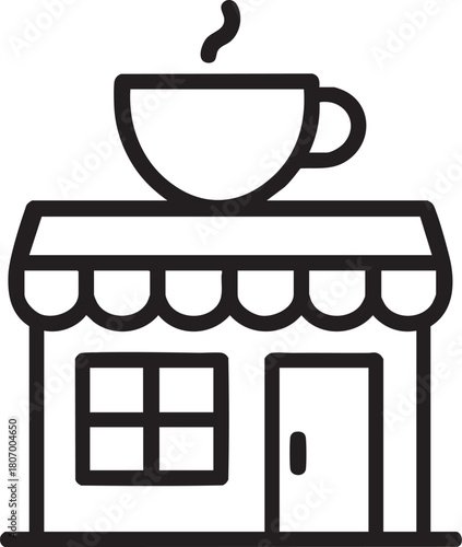 a simple black and white outline illustration of a coffee shop with a steaming cup above