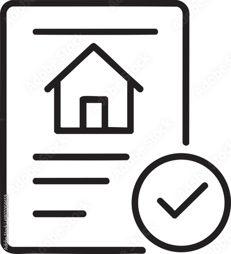 A simple black and white line drawing depicting a document with a house icon and a checkmark