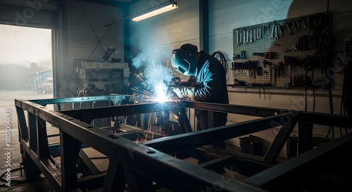 Welder working on metal frame in workshop
