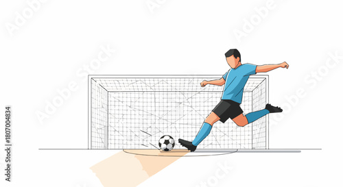 Illustration of a soccer player kicking a ball into a goal with a dynamic shadow effect on a white background.
