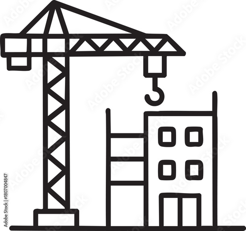 Line art illustration depicting a construction crane positioned near a partially built building structure