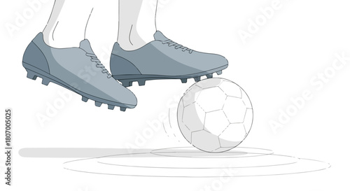 Illustration of a person's legs wearing soccer cleats kicking a soccer ball on a white background with motion lines.