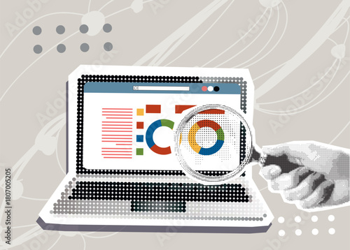 Data analytics concept. Halftone hand draws sales graph. Modern collage design. Pop art. Growth chart. Successful business performance. Business data graph on screen laptop. Achieving high results	