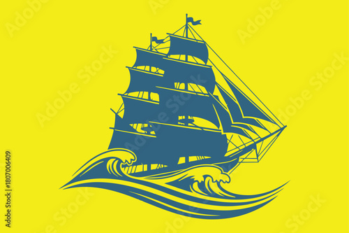 Illustration of blue ocean boat logo isolated on, sailing ship on wave
