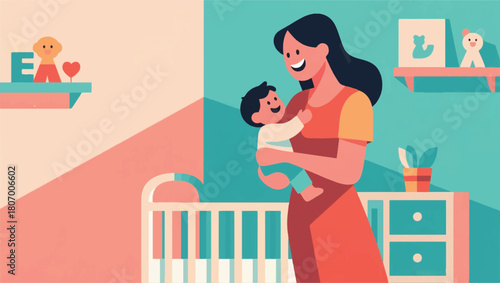 Illustration Of A Mother Carrying A Child Vector Design Template
