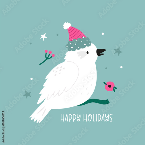 Cute Cartoon White Kookaburra Bird Wearing Santa Hat on Branch with Happy Holidays Text.