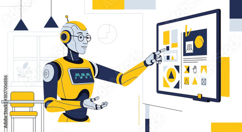 Illustration featuring a sophisticated robot character interacting with an interactive smart